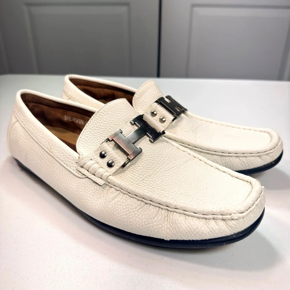 MG Shoes Mervin-24 Men's Size 9 White Leather Driving Loafers Moc Toe